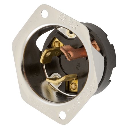 HUBBELL WIRING DEVICE-KELLEMS Locking Devices, Twist-Lock®, Industrial, Flanged Inlet, 10A 250V/15A 125V, 3-Pole 3-Wire Non Grounding, Non-NEMA, Screw Terminal, Steel HBL7556
